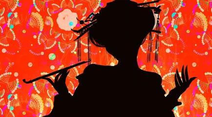 Silhouette of a prostitute of Yoshiwara brothel having a smoke tube In front of Japanese patterns  - obrazy, fototapety, plakaty