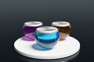 3D illustration of three multi-colored balls on a pink background. Close-up of glass overturned jars