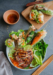 Homemade Vietnamese cuisine / Vietnamese Grilled Chicken and Spring Roll / Healthy and delicious meal, ideal for breakfast, lunch or dinner
