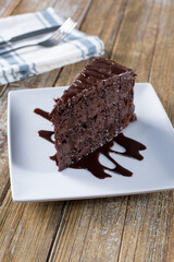 A view of a layered chocolate cake.