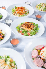 A view of several salad plates, featuring grilled salmon, antipasto, and BBQ chicken.