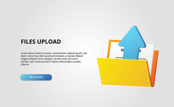 3d open folder contains file document upload arrow illustration data transfer backup memory concept with white background