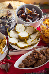 Traditional Malay Food and cookies during Ramadan and Eid Mubarak. Hari Raya Aidilfitri. Ketupat, rendang, lemang, dodol, biskut.