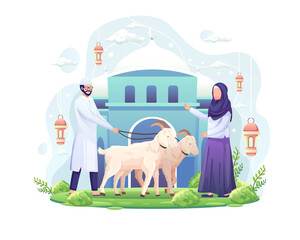 The couple celebrates Eid al Adha by donating two goats for qurban. Eid Al Adha Mubarak. Flat vector illustration