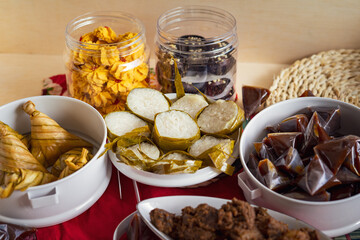 Traditional Malay Food and cookies during Ramadan and Eid Mubarak. Hari Raya Aidilfitri. Ketupat, rendang, lemang, dodol, biskut.