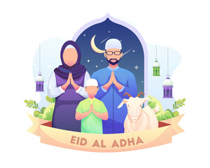 Happy Eid Al Adha Mubarak greeting with a Muslim family. Flat vector illustration