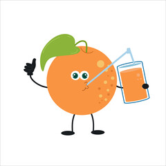 Cute orange character drinking juice vector template design illustration