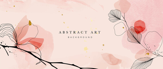 Abstract art botanical pink background vector. Luxury wallpaper with pink and earth tone watercolor, leaf, flower, tree and gold glitter. Minimal Design for text, packaging, prints, wall decoration. - obrazy, fototapety, plakaty