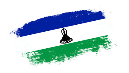 Flag of Lesotho country on brush paint stroke trail view. Elegant texture of national country flag - obrazy, fototapety, plakaty