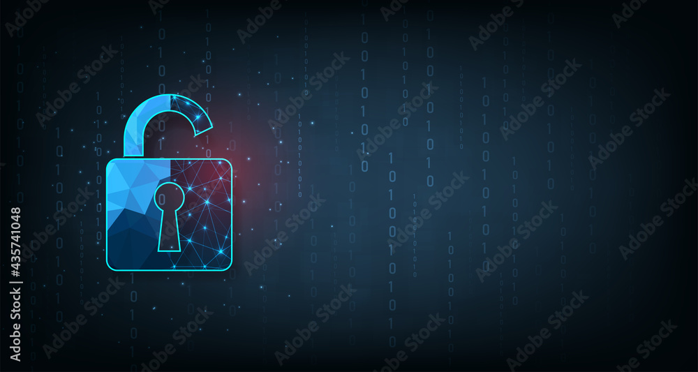 Poster  Data attacks.Visualization of cyber attacks With Padlock  destroyed on dark blue background.Cyber attack and Information leak concept.Vector illustration.