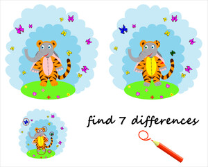 find the difference, the cartoon elephant is standing near the rainbow. a game for children. vector
