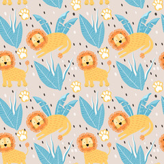 cute seamless pattern with hand drawn lions and palm leaves. baby background in flat style, kids pattern for printing on fabric, clothing, wrapping paper