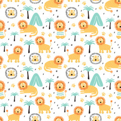cute seamless pattern with hand drawn lions  and palms. baby background in flat style, kids pattern for printing on fabric, clothing, wrapping paper