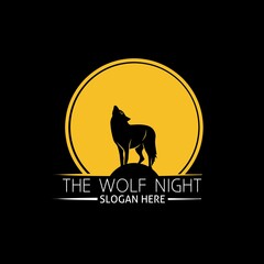 A wolf sitting on the rock under the moonlight, design logo Ilustration. 