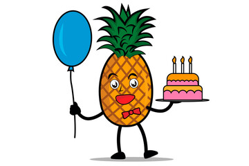 Pineapple Cartoon mascot or character holding balloons and birthday cake at birthday celebration event