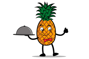 Pineapple Cartoon mascot or character as a waitress holding a serving plate