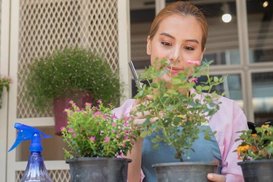 Smile, happiness of young asian women, girl gardener pruning shrubs, take care flowers of pot plants, engaging hobby at home. Love gardening of plants and care. Owner small business concept.