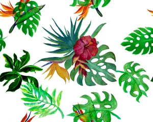 Gordijnen Tropische Bladeren Natural Monstera Painting. Greenery Banana Leaf Foliage. Pink Seamless Leaf. Red Pattern Illustration. Green Watercolor Decor. Tropical Backdrop. Summer Texture.  © Nima