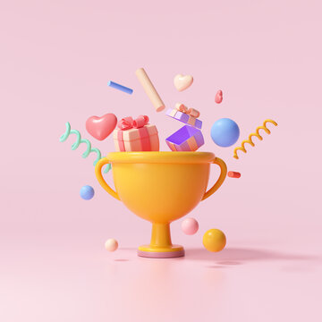 3D Trophy cup with floating gift, heart, ribbon and geometric shapes on pink background, celebration, winner, champion and reward concept. 3d render illustration
