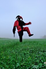 Halloween.Evil  harlequin in a green field in the fog. Scary jester costume.Evil clown with a...