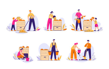 Compost bin with bio-recycling of waste. A pile of waste for organic fertilizers. Gardeners people next to the box. Set of vector illustrations in flat style.