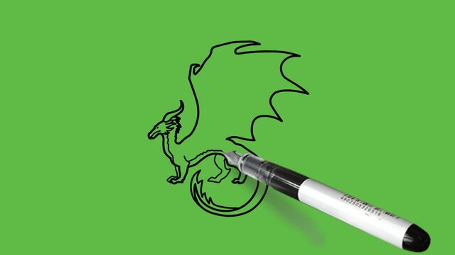 Drawing a dragon in black and blue colour combination on abstract green background
