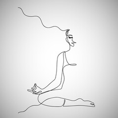 Woman sitting cross legged meditating Continuous one line, Half body, Open head. Vector illustration minimalism style.
