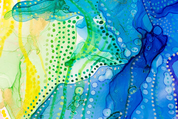 Watercolor summer abstract stains and dots background. Ink gradient texture.
