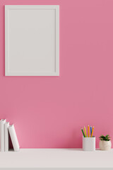 White pink concept working space with stationery and mock-up frame on the pink wall, 3D rendering