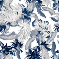 Navy Watercolor Texture. Indigo Flower Print. Cobalt Seamless Textile. Azure Pattern Decor. Gray Tropical Jungle. Blue Isolated Design. Fashion Illustration.