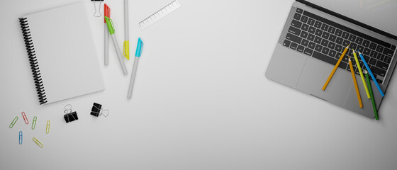 Stationery, office supplies and laptop on white table, top view, 3D rendering