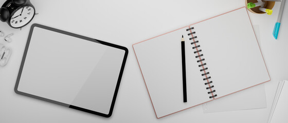 Digital tablet with mock-up screen and opened blank notebook on the table, 3D rendering
