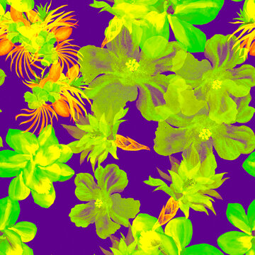 Green Watercolor Garden. Purple Flower Textile. Blue Seamless Textile. Neon Hibiscus Decor. Pattern Jungle. Tropical Jungle. Fashion Background. Art Design.