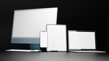 Computer devices with tablet, computer, laptop and smartphone with mock-up screen isolated on black background, 3D rendering