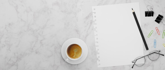 Blank paper, pencil, clips, eyeglasses and coffee cup on marble table, 3D rendering