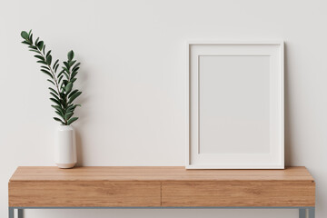 Minimal interior design with mock-up frame an plant vase on wooden table with white wall, 3D rendering