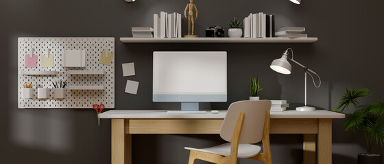 Loft working space with computer, supplies, lamp on the table and shelves decorated on the wall, 3D rendering