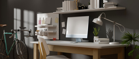 Home office interior design with computer table, supplies, decorations and bicycle in the room, 3D rendering