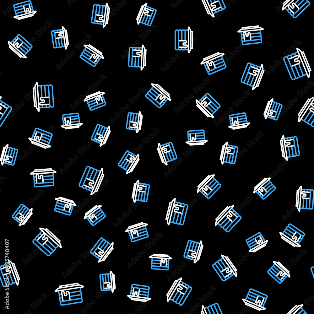 Poster line stack of pancakes with honey icon isolated seamless pattern on black background. breakfast conc