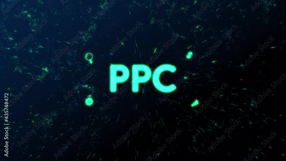 Poster ppc - pay per click advertising. ppc text with marketing elements, animation with particle on abstra