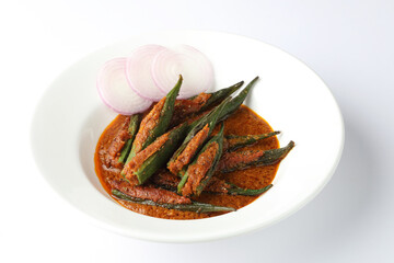 Indian masala fried bhindi or ladyfinger, curry, Served with chapatti, roti, naan, poori
