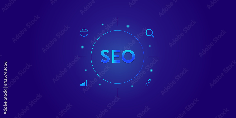 Poster seo targeting on blue background concept. seo text with glowing gradient, digital marketing and targ