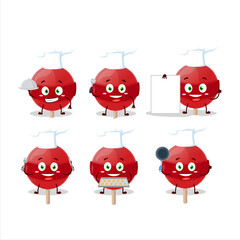 Cartoon character of red lolipop with various chef emoticons