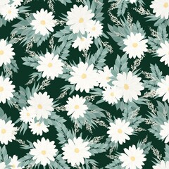 Seamless pattern. Set of bouquets of beautiful spring flowers. White flowers, leaves and branches. Flat isolated vector illustration.