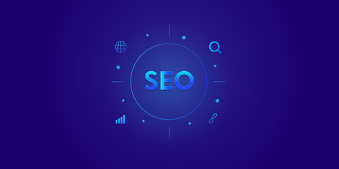 SEO targeting on blue background concept. SEO text with glowing gradient, Digital marketing and targeting website traffic concept. 