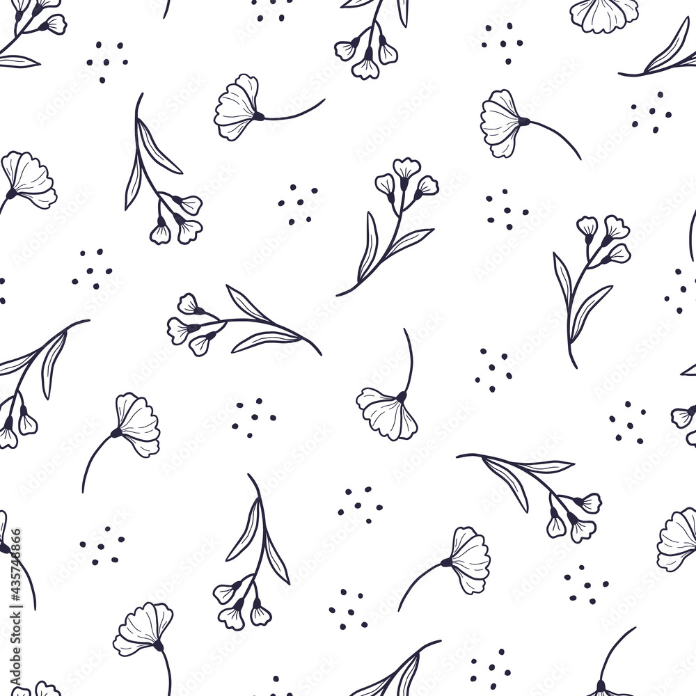 Leinwandbilder hand drawn seamless floral pattern with simple little flower branch. doodle sketch line style. vecto