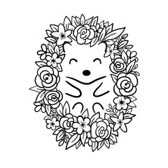 Cute hedgehog with flowers lies on back. Hedgehog with leaves instead of needles. Vector illustration.