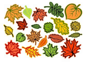 A set of stickers, autumn tree leaves of different types. Design for plotter cutting. Multi-colored simple illustration.