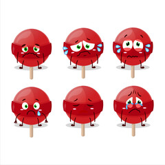 Red lolipop cartoon character with sad expression