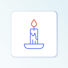 Line Burning candle icon isolated on white background. Cylindrical candle stick with burning flame. Colorful outline concept. Vector